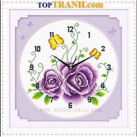 Tranh thêu đồng hồ hoa hồng tím